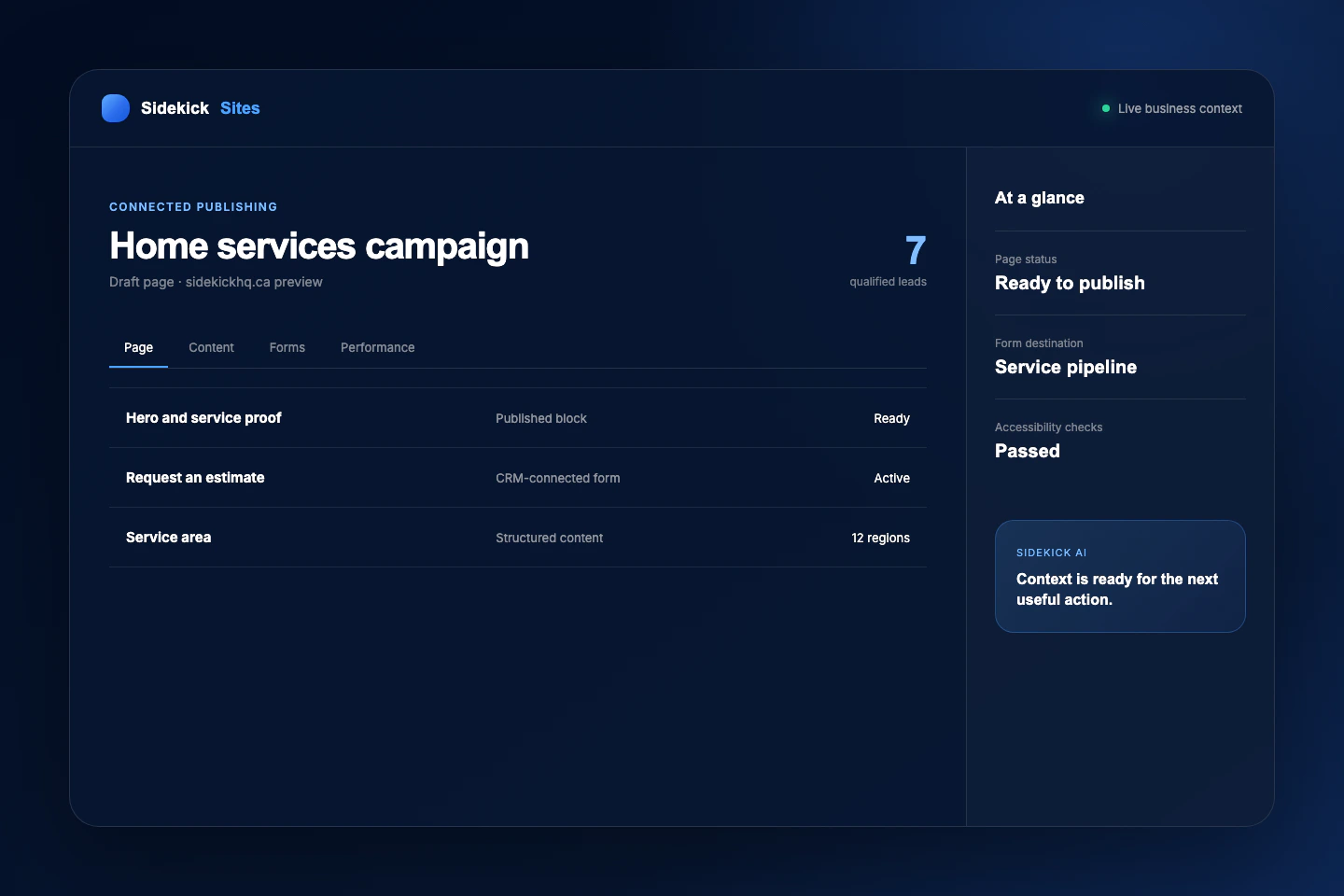 Sidekick Sites page editor connected to customer forms and publishing status
