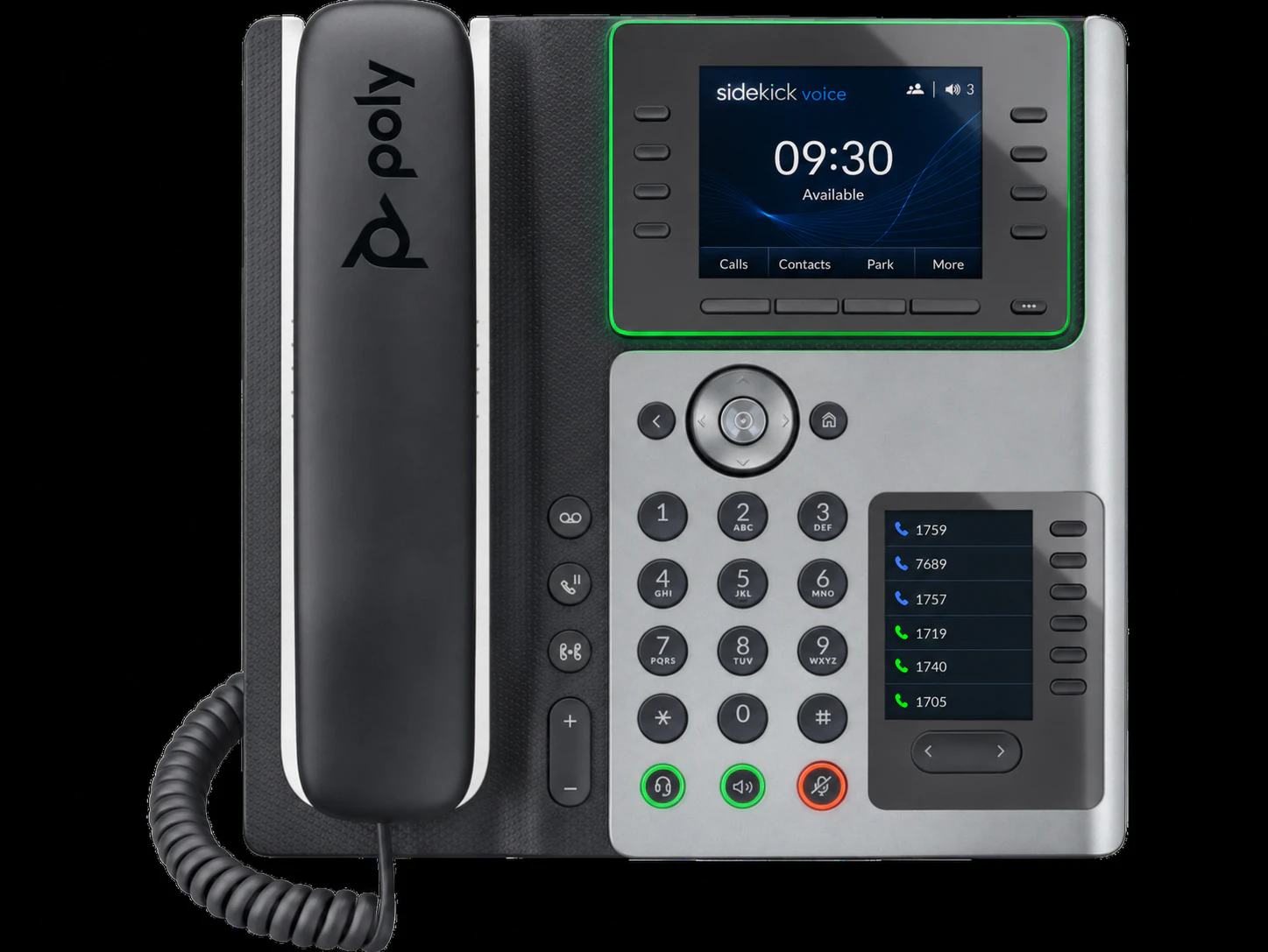 Poly Edge E220 business phone showing the Sidekick calling experience